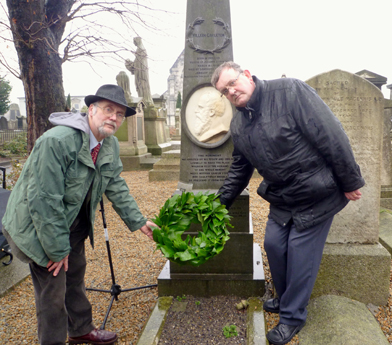 William Carleton Society President Jack Johnston and Chair Michael Fisher lay a wreath at Carleton's grave in Mount Jerome Cemetery, Dublin, January 2012 Photo: © Evelyn Fisher